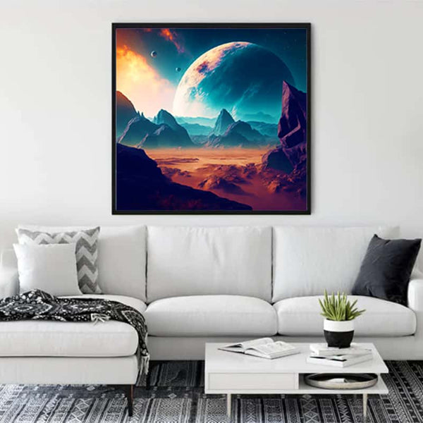 Fantasy landscape blue diamond painting hung in modern living room - Paint by Numbers kit with professional canvas and acrylic diamonds.