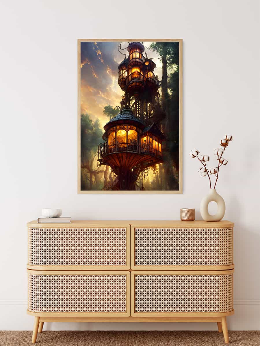Diamond Painting Forest Tower hung on a wall above a wooden dresser topped with minimalist decor