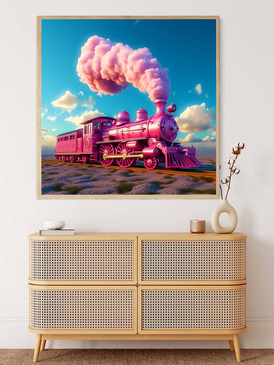 Diamond Painting - Pink fantasy train on the road artwork displayed above a wooden dresser. Paint by Numbers kit.
