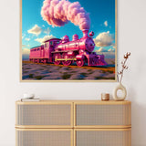 Diamond Painting - Pink fantasy train on the road artwork displayed above a wooden dresser. Paint by Numbers kit.