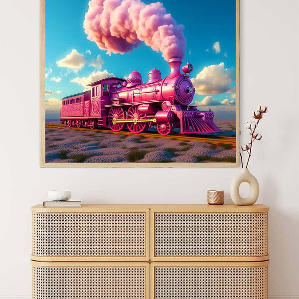 Diamond Painting - Pink fantasy train on the road artwork displayed above a wooden dresser. Paint by Numbers kit.