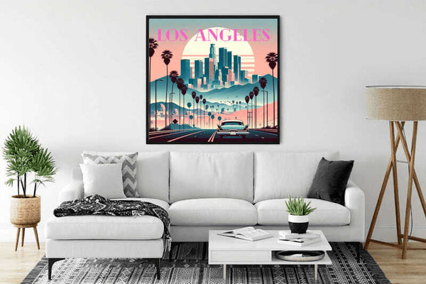 Paint by Numbers - Dreams of Los Angeles artwork on a wall above a white sofa in a modern living room