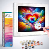 Paint by Numbers - Abstract Love kit with colorful heart design, paintbrush, paints, and packaging box.