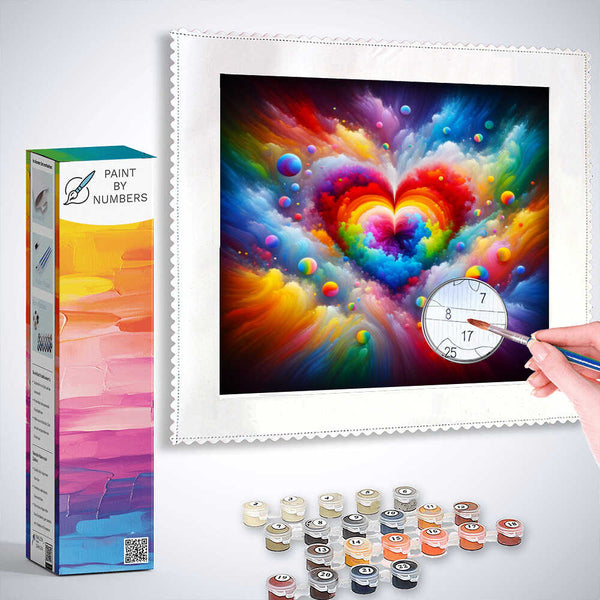 Paint by Numbers - Abstract Love kit with colorful heart design, paintbrush, paints, and packaging box.