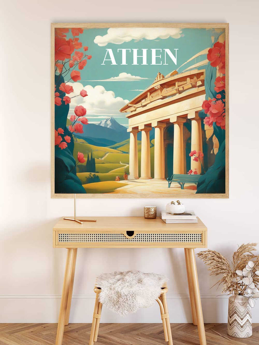 Paint by Numbers - Antike Eleganz art featuring pastel-colored columns, pink flowers, and rolling hills, displayed above a desk in a modern room.