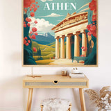 Paint by Numbers - Antike Eleganz art featuring pastel-colored columns, pink flowers, and rolling hills, displayed above a desk in a modern room.