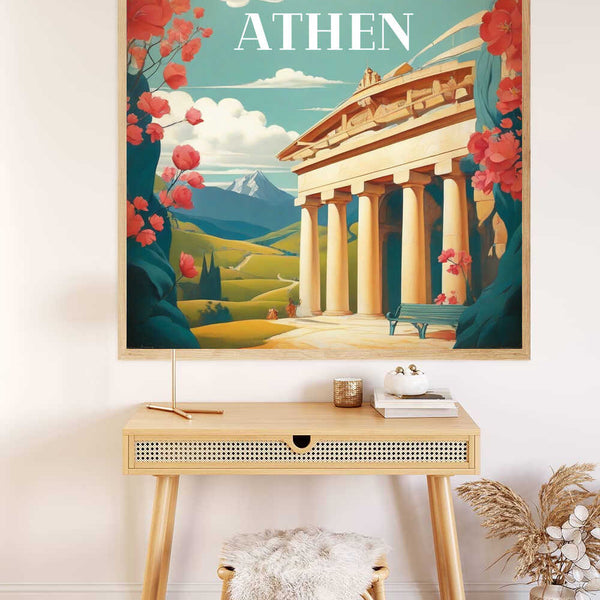 Paint by Numbers - Antike Eleganz art featuring pastel-colored columns, pink flowers, and rolling hills, displayed above a desk in a modern room.