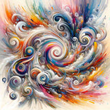 Abstract swirling colorful paint design with vibrant brushstrokes in blue, red, yellow, and white tones.