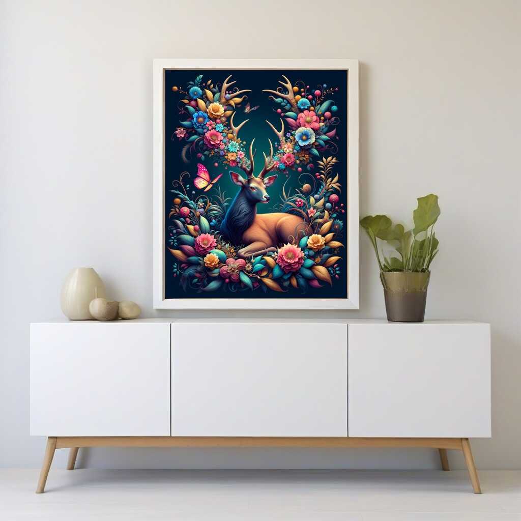 Deer with flower antlers, butterfly - Paint by Numbers