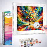 Paint by Numbers - Tree of Life of Color Magic kit with abstract colorful tree painting, paint pots, and brush.