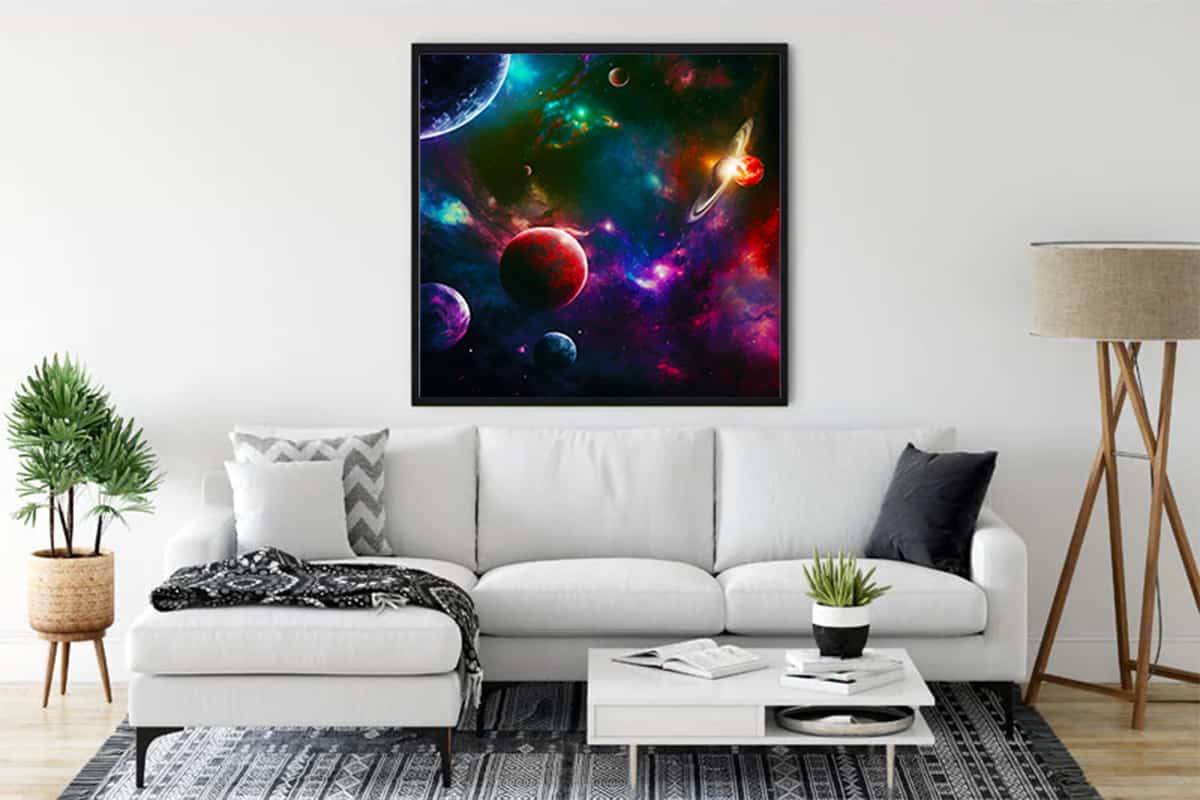 Diamond Painting - Planet Walk artwork displayed in a living room, featuring vibrant planets and stars. Paint by Numbers sparkle art.