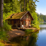 Diamond Painting - House on the lake shore, quality canvas kit with acrylic diamonds, tweezers, and applicator pen included for art lovers.