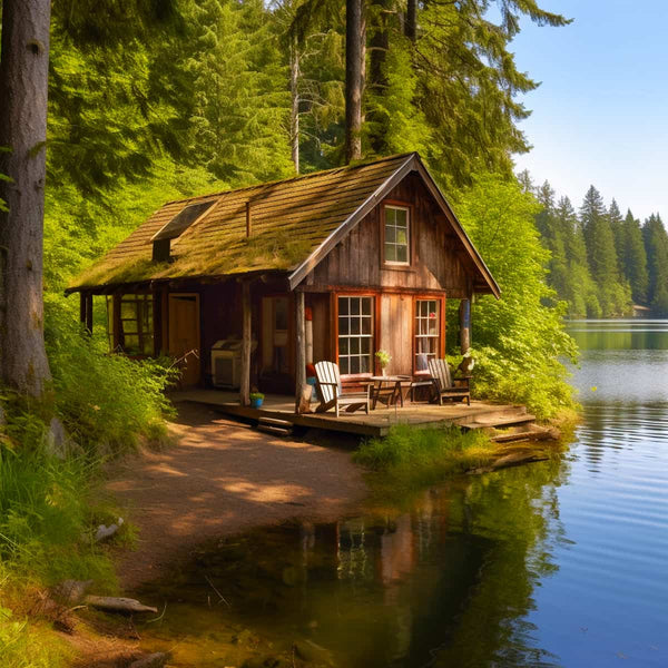 Diamond Painting - House on the lake shore, quality canvas kit with acrylic diamonds, tweezers, and applicator pen included for art lovers.
