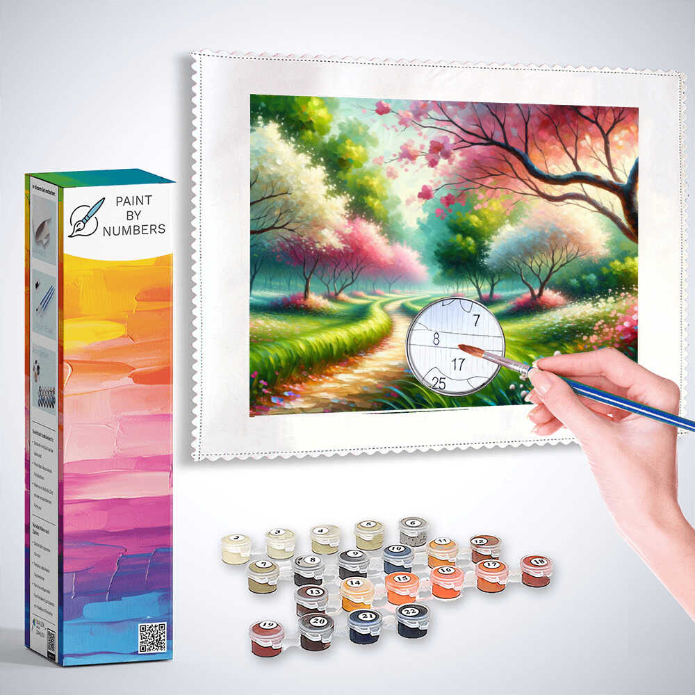 Path along flowering trees - Paint by Numbers