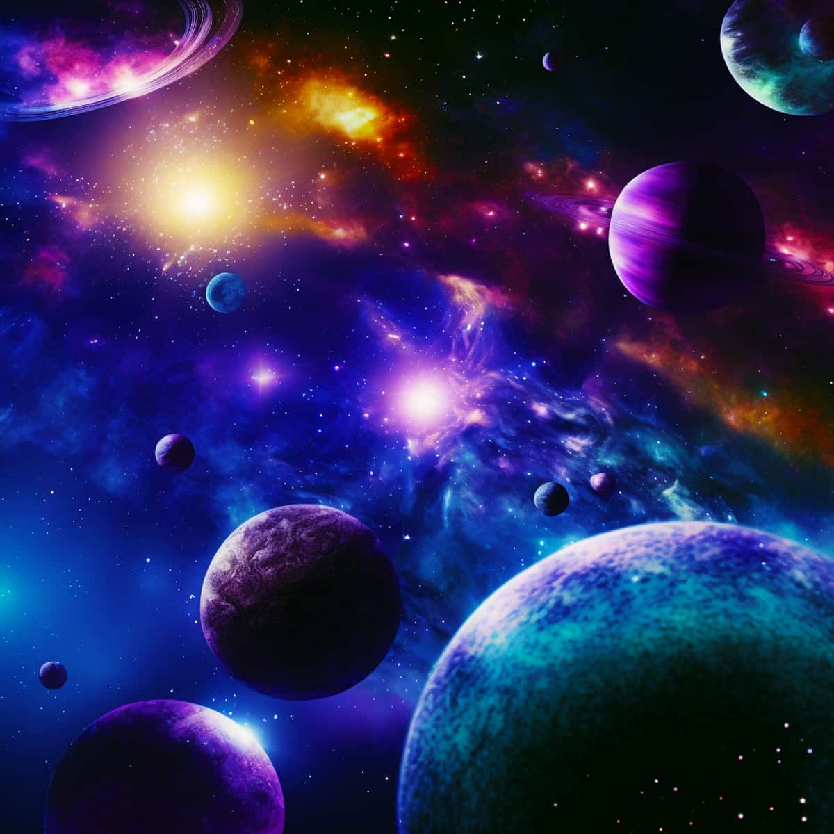 Diamond Painting - Sky Magic kit featuring a vibrant cosmic scene with planets, stars, and colorful nebulas for Paint by Numbers art.