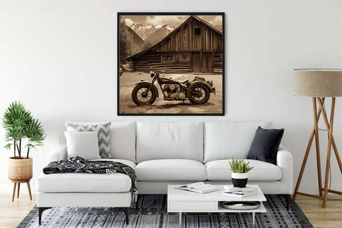 Sepia-toned retro racing motorcycle diamond painting kit displayed in a modern living room. Paint by Numbers.