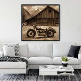 Sepia-toned retro racing motorcycle diamond painting kit displayed in a modern living room. Paint by Numbers.