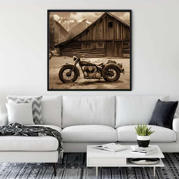 Sepia-toned retro racing motorcycle diamond painting kit displayed in a modern living room. Paint by Numbers.