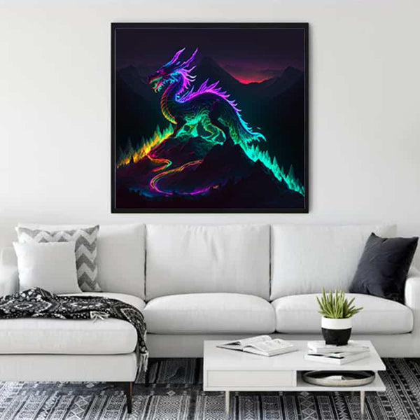 "Diamond Painting - Fireborn in a modern living room, vibrant dragon design on canvas over white couch"