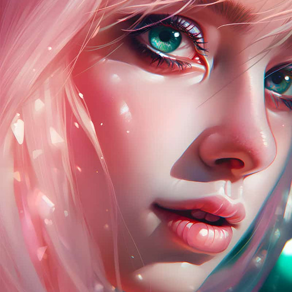Detailed close-up of a woman's face with vibrant green eyes and pink hair, capturing ethereal and dreamlike beauty.
