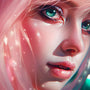 Detailed close-up of a woman's face with vibrant green eyes and pink hair, capturing ethereal and dreamlike beauty.