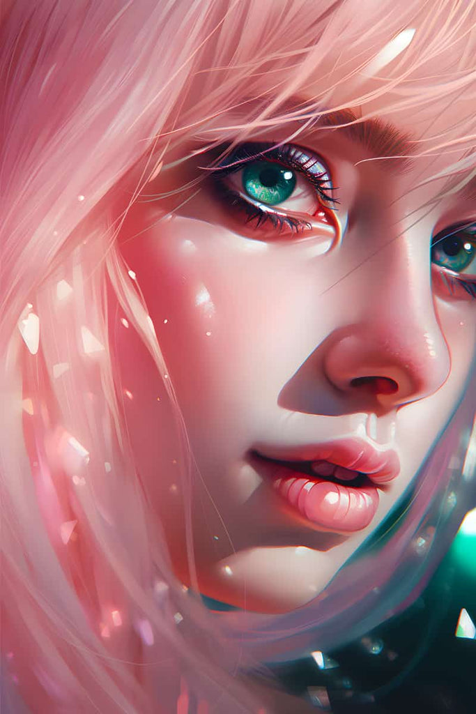 Detailed close-up of a woman's face with vibrant green eyes and pink hair, capturing ethereal and dreamlike beauty.