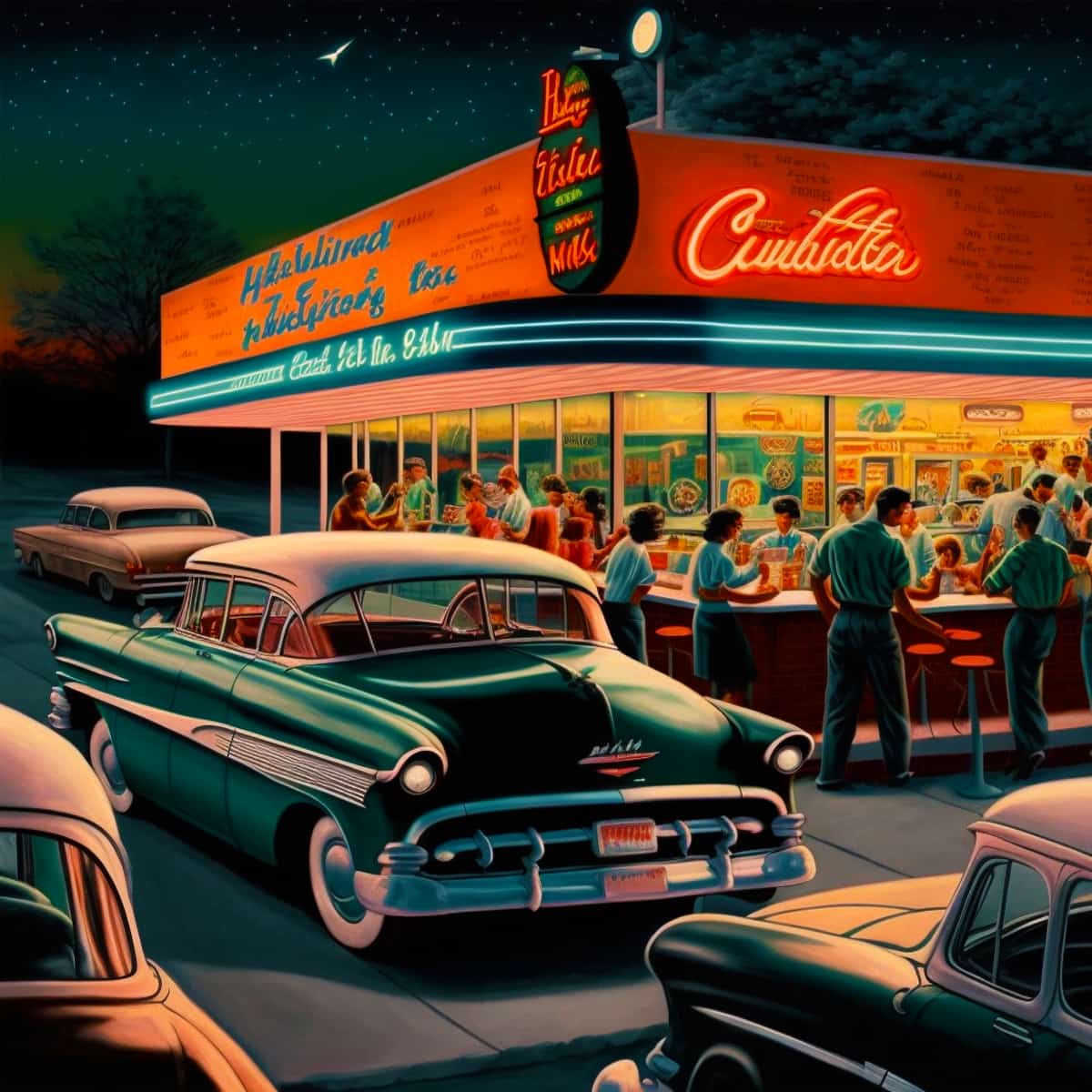Vintage painting of a busy 1950s gas station scene with classic cars and chrome details. Diamond Painting - Art that Sparkles. Paint by Numbers.