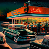 Vintage painting of a busy 1950s gas station scene with classic cars and chrome details. Diamond Painting - Art that Sparkles. Paint by Numbers.