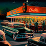 Vintage painting of a busy 1950s gas station scene with classic cars and chrome details. Diamond Painting - Art that Sparkles. Paint by Numbers.