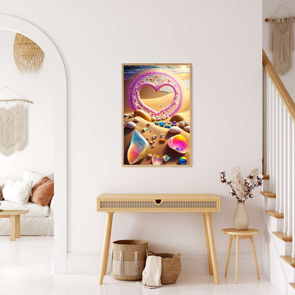 Heart Beach Diamond Painting Kit displayed in a cozy living room, featuring vibrant colors and sparkling design for paint by numbers enthusiasts.