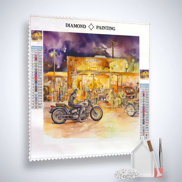 Diamond Painting kit with a night-time scene featuring a motorcyclist and a retro gas station, including paint by numbers tools.