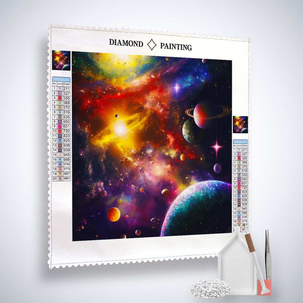 Diamond Painting - Space Nebula kit with Professional Canvas, Enhanced Acrylic Diamonds, and tools like Fine Artist's Tweezers and Application Pen.