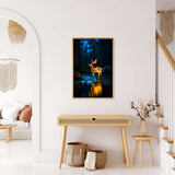 AB Diamond Painting - Glowing deer in the night framed art showcased in a modern living room. Paint by Numbers kit.