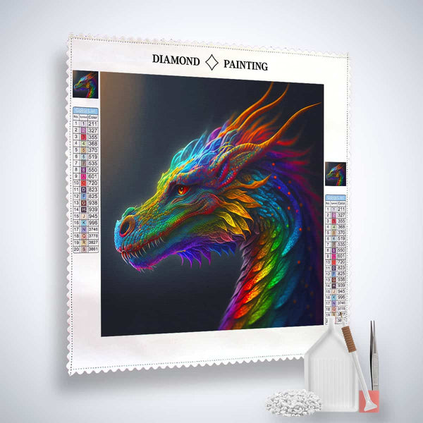 Diamond Painting Kit featuring a vibrant multicolored dragon design, professional canvas, acrylic diamonds, artist tweezers, and application pen