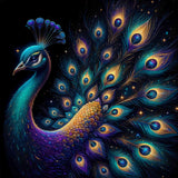 Paint by Numbers - Cosmic Peacock Miracle with opulent blue tones and bright gold accents, combining space magic and earthly splendor in Modern Surrealism.