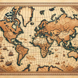 Vintage world map with sepia tones and detailed cartography from Paint by Numbers - Past Worlds, featuring ship silhouettes and sea routes.