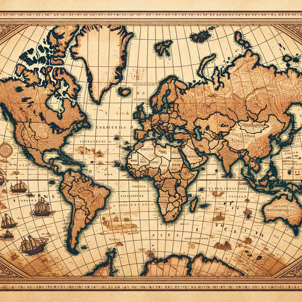 Vintage world map with sepia tones and detailed cartography from Paint by Numbers - Past Worlds, featuring ship silhouettes and sea routes.