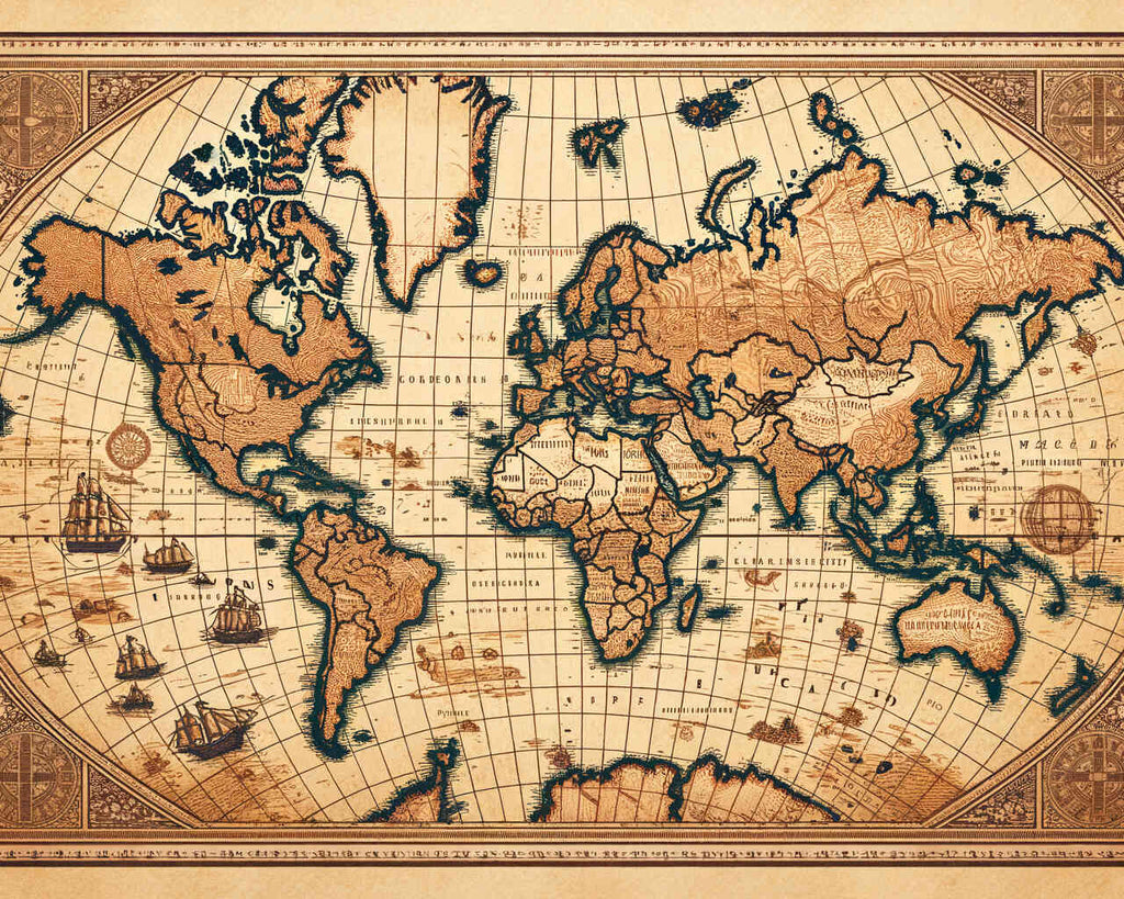 Vintage world map with sepia tones and detailed cartography from Paint by Numbers - Past Worlds, featuring ship silhouettes and sea routes.
