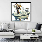Paint by Numbers Giraffe Bath of Hilarity in foam bubbles in antique tub, vibrant brown fur contrasts with white bath foam, modern wall art.