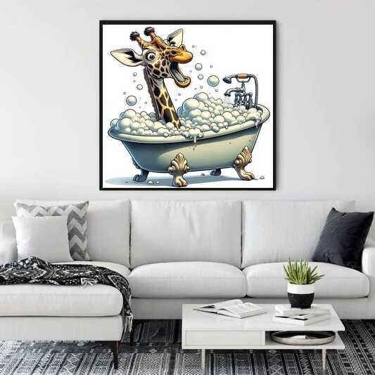 Paint by Numbers Giraffe Bath of Hilarity in foam bubbles in antique tub, vibrant brown fur contrasts with white bath foam, modern wall art.