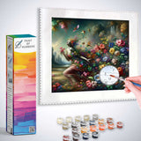 Paint by Numbers kit featuring Floral Awakening with a floating female figure, lush flowers, waterfalls, and butterflies.