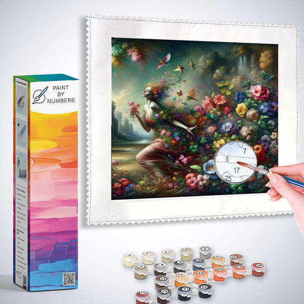 Paint by Numbers kit featuring Floral Awakening with a floating female figure, lush flowers, waterfalls, and butterflies.