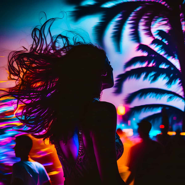 Woman enjoying a vibrant beach party at night with palm trees and colorful lights.