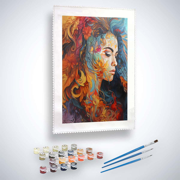 Malen nach Zahlen - Junge Frau mit Blumenhaar - hochwertige Leinwand - abstrakt, Bestseller, menschen, Neu eingetroffen, neue_bilder, startbestseller, vertikal