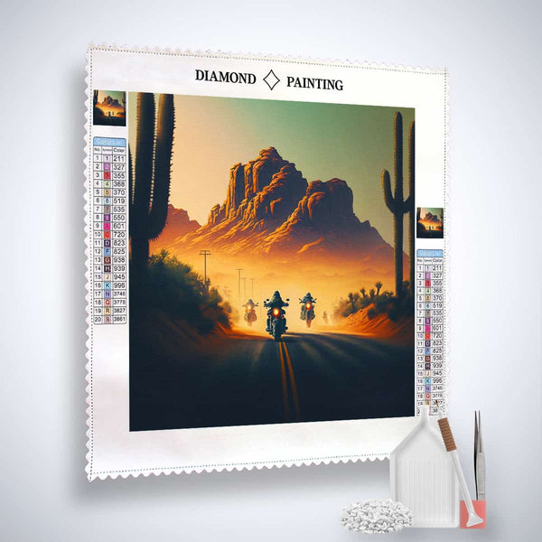Diamond Painting Kit showing Asphalt Cowboy landscape design with enhanced acrylic diamonds, professional canvas, tweezers, and application pen.