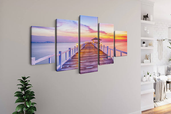 Malen nach Zahlen 5 teilig - Steg im Sonnenuntergang, Meer - hochwertige Leinwand - multi5, neue_bilder