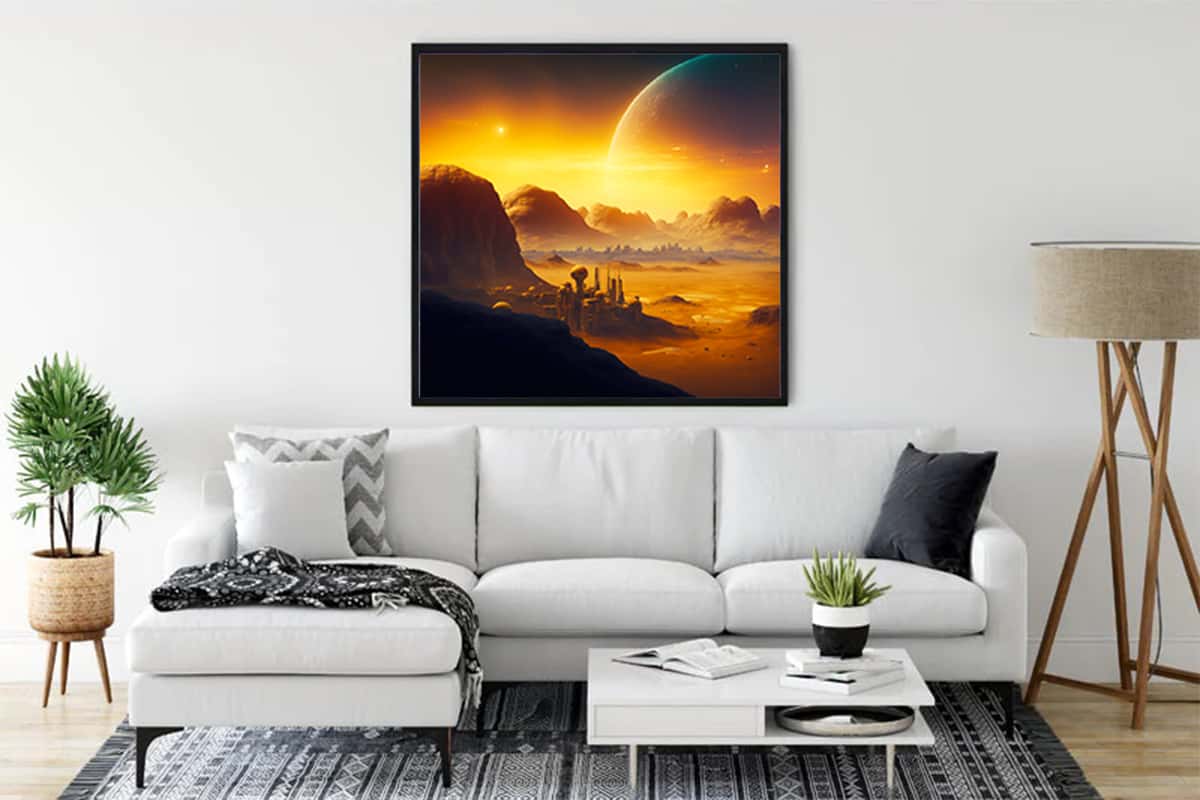 Framed orange fantasy landscape diamond painting displayed in modern living room above white sofa.