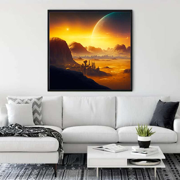Framed orange fantasy landscape diamond painting displayed in modern living room above white sofa.