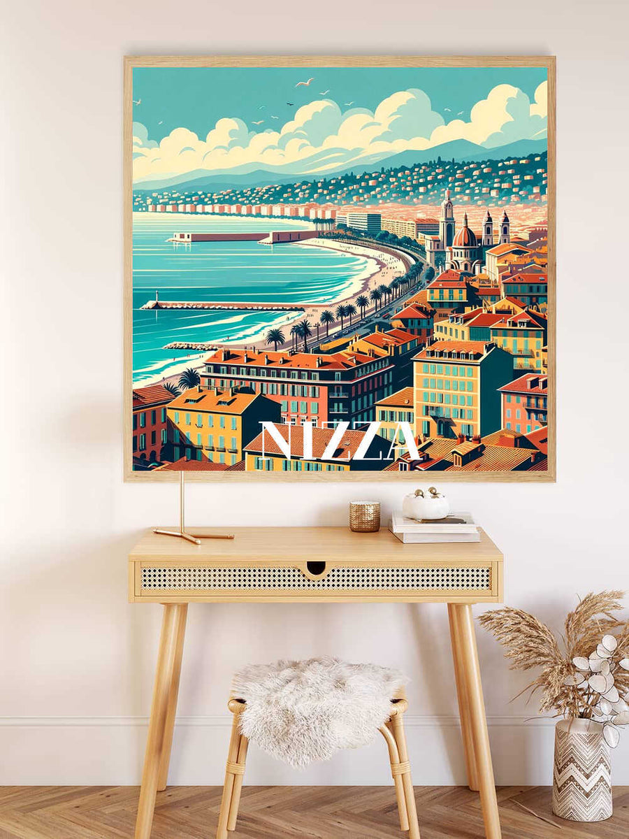 Wall art of coastal cityscape in Nizza, featuring rich orange hues and deep azure seas, displayed above a wooden desk in a modern room