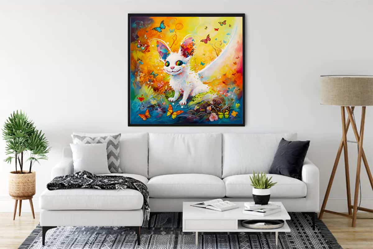 Vibrant diamond painting of a whimsical creature above a modern white sofa in a cozy living room.